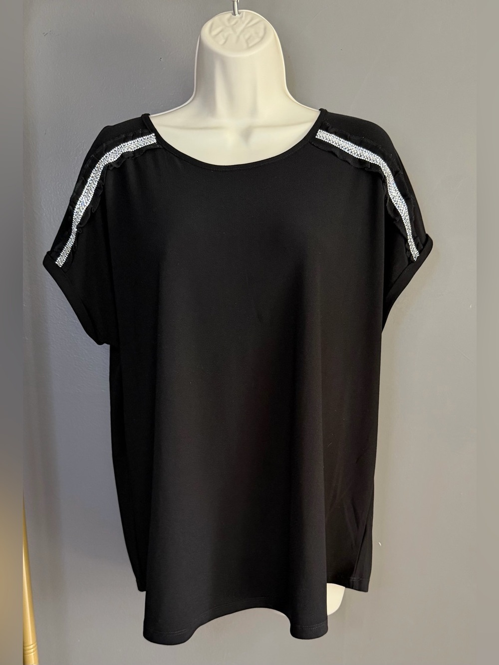Love Scarlett Black Rhinestone Shoulder Top XL Luxe Minimalist Glam Blouse